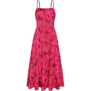 image:imageGRACE KARIN Summer Dresses for Women 2026 VacationSmocked Floral Maxi DressBoho Beach Sundress with Pocket Fashion ClothingRose Red