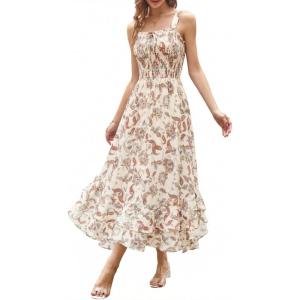 image:imageGRACE KARIN Womens 2026 Summer Floral Boho Dress Square Neck Strapped Swing A Line Sundress Beach Long Maxi OutfitsBeige
