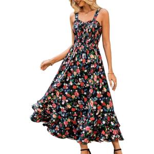 image:imageGRACE KARIN Womens 2026 Summer Floral Boho Dress Square Neck Strapped Swing A Line Sundress Beach Long Maxi OutfitsBlack Floral