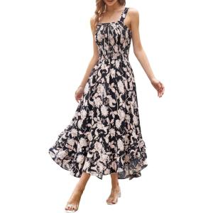 image:imageGRACE KARIN Womens 2026 Summer Floral Boho Dress Square Neck Strapped Swing A Line Sundress Beach Long Maxi OutfitsBlack Flower