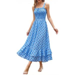 image:imageGRACE KARIN Womens 2026 Summer Floral Boho Dress Square Neck Strapped Swing A Line Sundress Beach Long Maxi OutfitsBlue Dots