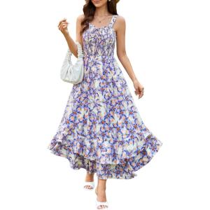 image:imageGRACE KARIN Womens 2026 Summer Floral Boho Dress Square Neck Strapped Swing A Line Sundress Beach Long Maxi OutfitsBlue Floral