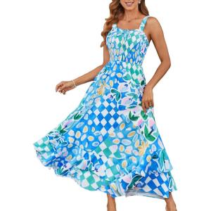 image:imageGRACE KARIN Womens 2026 Summer Floral Boho Dress Square Neck Strapped Swing A Line Sundress Beach Long Maxi OutfitsBlue Green