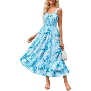 image:imageGRACE KARIN Womens 2026 Summer Floral Boho Dress Square Neck Strapped Swing A Line Sundress Beach Long Maxi OutfitsBlue Ripple
