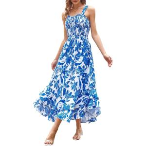 image:imageGRACE KARIN Womens 2026 Summer Floral Boho Dress Square Neck Strapped Swing A Line Sundress Beach Long Maxi OutfitsBlue White