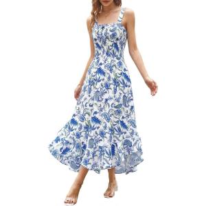 image:imageGRACE KARIN Womens 2026 Summer Floral Boho Dress Square Neck Strapped Swing A Line Sundress Beach Long Maxi OutfitsBlue White Floral