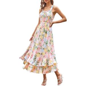 image:imageGRACE KARIN Womens 2026 Summer Floral Boho Dress Square Neck Strapped Swing A Line Sundress Beach Long Maxi OutfitsBlue Yellow