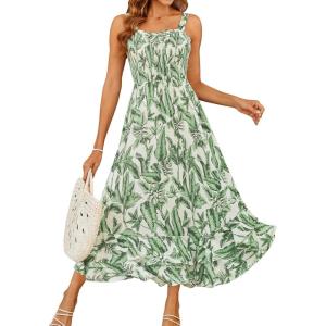 image:imageGRACE KARIN Womens 2026 Summer Floral Boho Dress Square Neck Strapped Swing A Line Sundress Beach Long Maxi OutfitsGreen Leaf