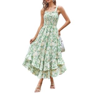 image:imageGRACE KARIN Womens 2026 Summer Floral Boho Dress Square Neck Strapped Swing A Line Sundress Beach Long Maxi OutfitsGreen White
