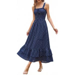 image:imageGRACE KARIN Womens 2026 Summer Floral Boho Dress Square Neck Strapped Swing A Line Sundress Beach Long Maxi OutfitsNavy Blue Dots