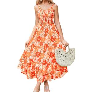 image:imageGRACE KARIN Womens 2026 Summer Floral Boho Dress Square Neck Strapped Swing A Line Sundress Beach Long Maxi OutfitsOrange