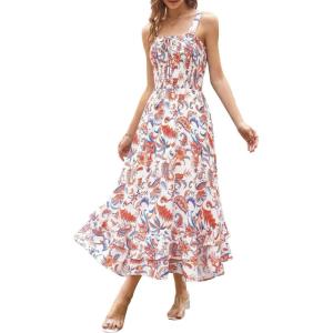 image:imageGRACE KARIN Womens 2026 Summer Floral Boho Dress Square Neck Strapped Swing A Line Sundress Beach Long Maxi OutfitsOrange Blue