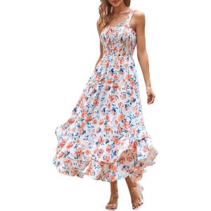 image:imageGRACE KARIN Womens 2026 Summer Floral Boho Dress Square Neck Strapped Swing A Line Sundress Beach Long Maxi OutfitsOrange Floral