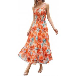 image:imageGRACE KARIN Womens 2026 Summer Floral Boho Dress Square Neck Strapped Swing A Line Sundress Beach Long Maxi OutfitsOrange Flower