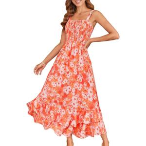 image:imageGRACE KARIN Womens 2026 Summer Floral Boho Dress Square Neck Strapped Swing A Line Sundress Beach Long Maxi OutfitsOrange White
