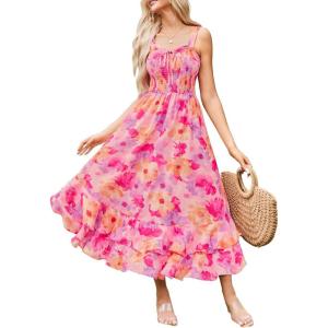 image:imageGRACE KARIN Womens 2026 Summer Floral Boho Dress Square Neck Strapped Swing A Line Sundress Beach Long Maxi OutfitsPink Yellow