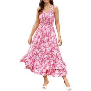 image:imageGRACE KARIN Womens 2026 Summer Floral Boho Dress Square Neck Strapped Swing A Line Sundress Beach Long Maxi OutfitsPink Yellow Floral