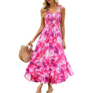 image:imageGRACE KARIN Womens 2026 Summer Floral Boho Dress Square Neck Strapped Swing A Line Sundress Beach Long Maxi OutfitsRose Purple