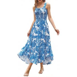 image:imageGRACE KARIN Womens 2026 Summer Floral Boho Dress Square Neck Strapped Swing A Line Sundress Beach Long Maxi OutfitsWhite Blue