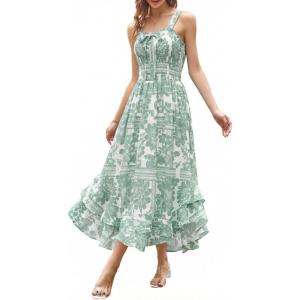 image:imageGRACE KARIN Womens 2026 Summer Floral Boho Dress Square Neck Strapped Swing A Line Sundress Beach Long Maxi OutfitsWhite Green