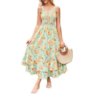 image:imageGRACE KARIN Womens 2026 Summer Floral Boho Dress Square Neck Strapped Swing A Line Sundress Beach Long Maxi OutfitsYellow Floral