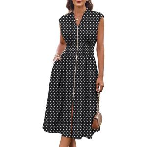 image:imageGRACE KARIN Womens Summer Casual Dress Business Office Work Dresses Cap Sleeve Zipper Front Flowy Midi Dress with PocketsBlack Polka Dot