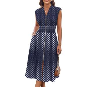 image:imageGRACE KARIN Womens Summer Casual Dress Business Office Work Dresses Cap Sleeve Zipper Front Flowy Midi Dress with PocketsNavy Polka Dot