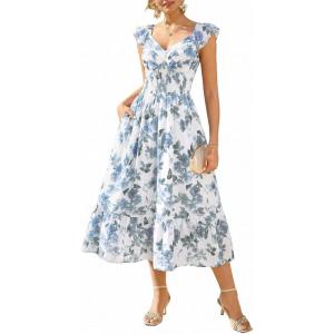 image:imageGRACE KARIN Womens Summer Floral Maxi Dress 2026 Ruffle Sleeve Smocked Sundress Flowy Wedding Guest Long Dresses with PocketGray Blue
