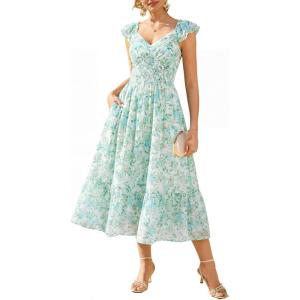 image:imageGRACE KARIN Womens Summer Floral Maxi Dress 2026 Ruffle Sleeve Smocked Sundress Flowy Wedding Guest Long Dresses with PocketGreen Floral
