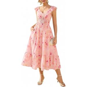 image:imageGRACE KARIN Womens Summer Floral Maxi Dress 2026 Ruffle Sleeve Smocked Sundress Flowy Wedding Guest Long Dresses with PocketOrange Floral