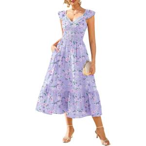 image:imageGRACE KARIN Womens Summer Floral Maxi Dress 2026 Ruffle Sleeve Smocked Sundress Flowy Wedding Guest Long Dresses with PocketPurple Floral