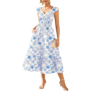 image:imageGRACE KARIN Womens Summer Floral Maxi Dress 2026 Ruffle Sleeve Smocked Sundress Flowy Wedding Guest Long Dresses with PocketWhite Blue