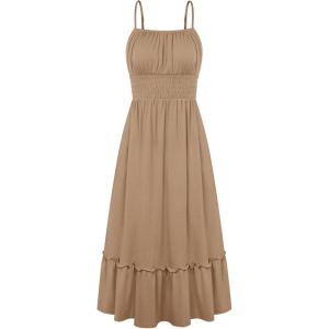 image:imageGRACE KARIN Womens Summer Maxi Dress 2026Smocked Ruched Bust Sundress with Adjustable Straps amp PocketsBeach Vacation DressLight Coffee