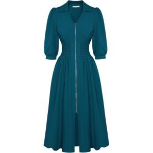 image:imageGRACE KARIN Womens Summer Midi Dress 2026 A Line Business Office Work Dress Fit and Flare Zipper 34 Sleeve Dress with PocketPeacock Blue