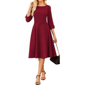 image:imageGRACE KARIN Work Dresses for Women 2026 34 Sleeve Fit and Flare Business Midi Dress Classy Office Dresses with PocketsWine Red