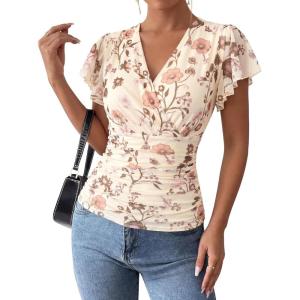 image:imageGRACE KARIN 2026 Womens Mesh Tops Summer Ruffle Sleeve Dressy Casual Top Floral Wrap Blouse Fashion OutfitsBeige