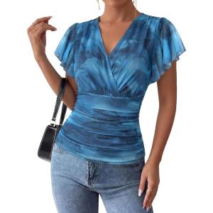 image:imageGRACE KARIN 2026 Womens Mesh Tops Summer Ruffle Sleeve Dressy Casual Top Floral Wrap Blouse Fashion OutfitsBlue