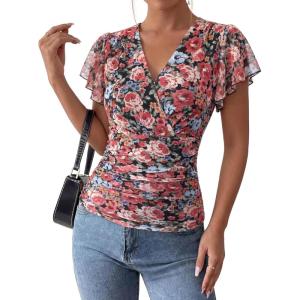 image:imageGRACE KARIN 2026 Womens Mesh Tops Summer Ruffle Sleeve Dressy Casual Top Floral Wrap Blouse Fashion OutfitsFloral