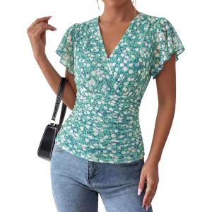 image:imageGRACE KARIN 2026 Womens Mesh Tops Summer Ruffle Sleeve Dressy Casual Top Floral Wrap Blouse Fashion OutfitsGreen White