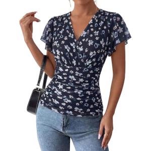 image:imageGRACE KARIN 2026 Womens Mesh Tops Summer Ruffle Sleeve Dressy Casual Top Floral Wrap Blouse Fashion OutfitsNavy Floral