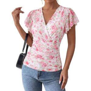 image:imageGRACE KARIN 2026 Womens Mesh Tops Summer Ruffle Sleeve Dressy Casual Top Floral Wrap Blouse Fashion OutfitsPink White