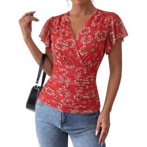 image:imageGRACE KARIN 2026 Womens Mesh Tops Summer Ruffle Sleeve Dressy Casual Top Floral Wrap Blouse Fashion OutfitsRed