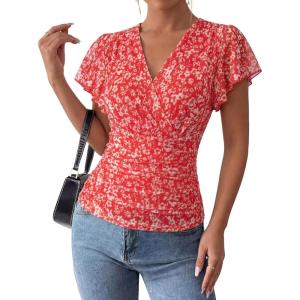 image:imageGRACE KARIN 2026 Womens Mesh Tops Summer Ruffle Sleeve Dressy Casual Top Floral Wrap Blouse Fashion OutfitsRed White