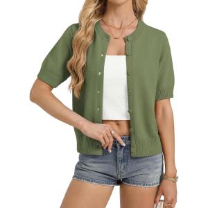 image:imageGRACE KARIN Womens Casual Short Sleeve Cardigan Lightweight Summer Cardigan Sweater 2026 Button Up Cropped Shrug SweaterArmy Green