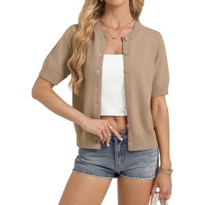 image:imageGRACE KARIN Womens Casual Short Sleeve Cardigan Lightweight Summer Cardigan Sweater 2026 Button Up Cropped Shrug SweaterDeep Khaki