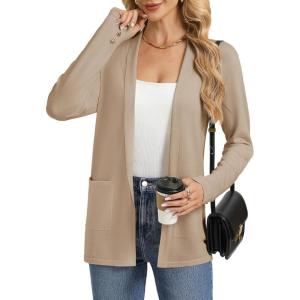 image:imageGRACE KARIN Long Cardigans for Women Long Sleeve Open Front Cardigan Sweaters Lightweight Spring Jacket with PocketsKhaki