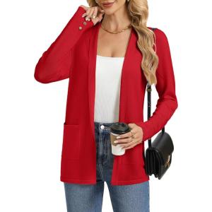 image:imageGRACE KARIN Long Cardigans for Women Long Sleeve Open Front Cardigan Sweaters Lightweight Spring Jacket with PocketsRed