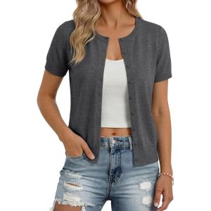 image:imageGRACE KARIN Short Sleeve Cardigan Summer Button up Sweaters for Women Lightweight Crew Neck Casual OutfitsGray Heather