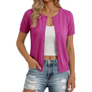 image:imageGRACE KARIN Short Sleeve Cardigan Summer Button up Sweaters for Women Lightweight Crew Neck Casual OutfitsHot Pink