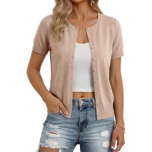 image:imageGRACE KARIN Short Sleeve Cardigan Summer Button up Sweaters for Women Lightweight Crew Neck Casual OutfitsKhaki